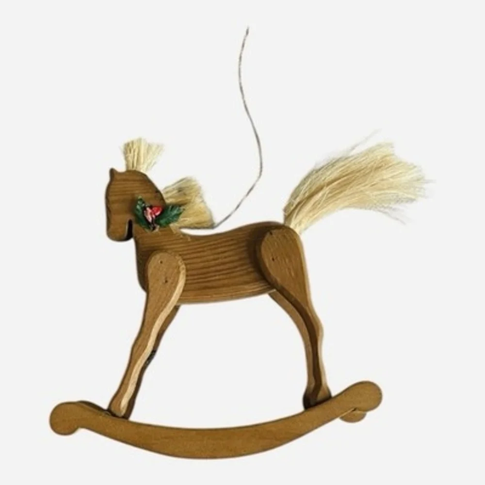 Vintage Wooden Rocking Horse Christmas Ornament Straw Mane Tail Holly Decor VG